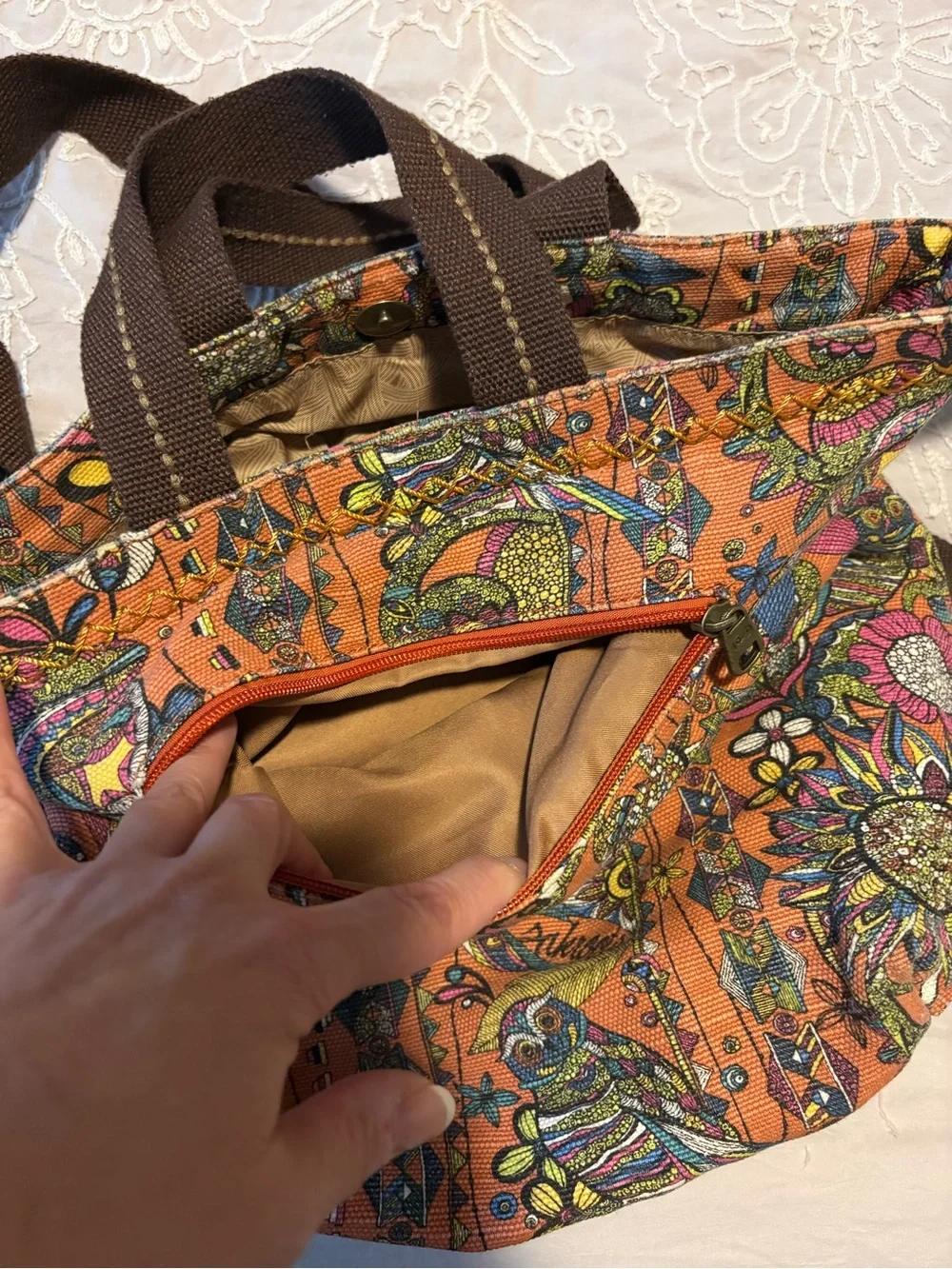 Sakroots Orange Floral & Bird Crossbody Tote